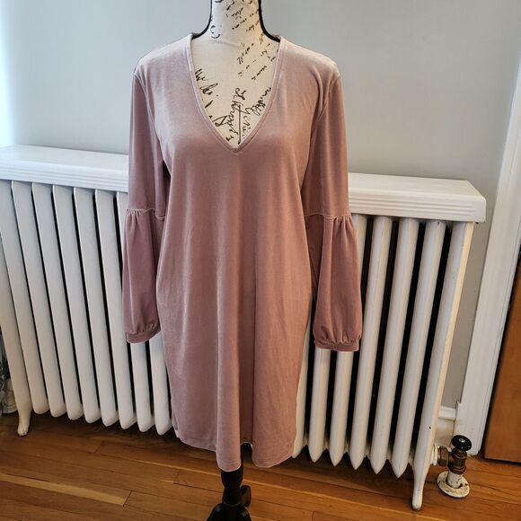 Madewell Soft V-Neck Velvet Sheath Dress with Balloon Sleeves, Dusty Rose, Sz S - Picture 2 of 10